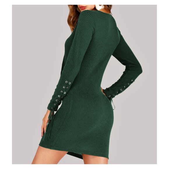 Green Lace Up Details Ribbed Bodycon Dress - Picture 7 of 8